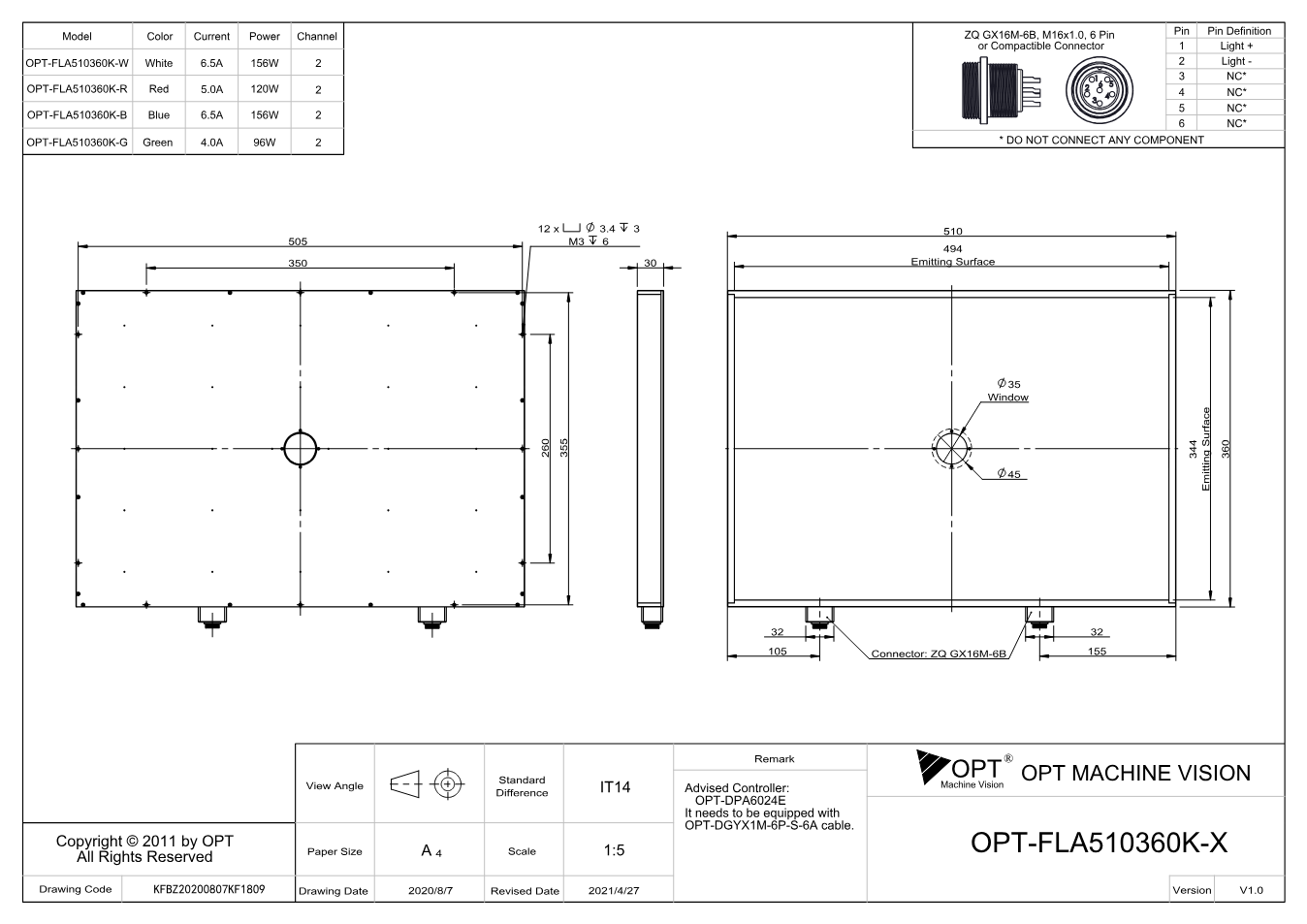 Maßzeichnung OPT-FLA510360K