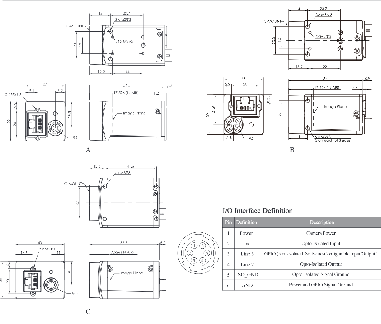 Maßzeichnungen CC1-Serie GigE PoE (Katalog, Gehäuse A, B, C)