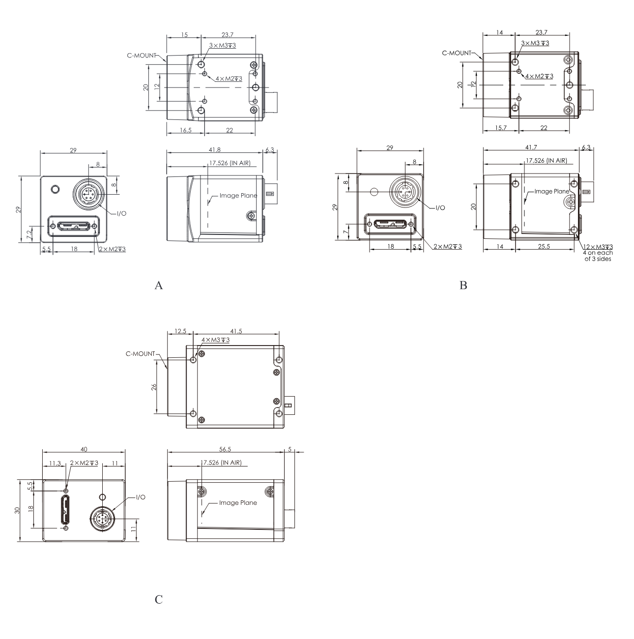 Maßzeichnungen CC2-Serie USB 3.0 (Katalog, Gehäuse A, B, C)