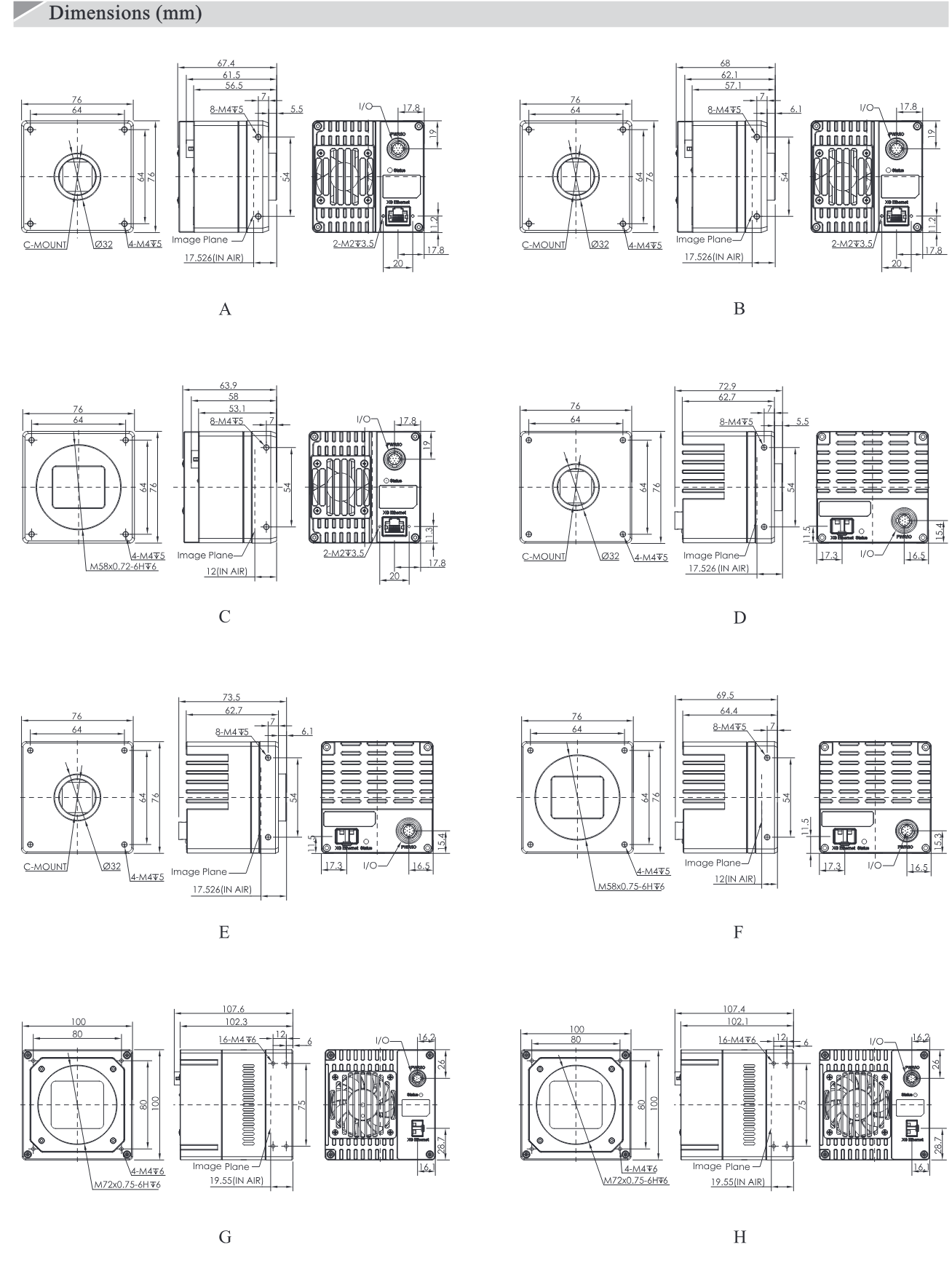 Maßzeichnungen CH1-Serie 10 GigE (Katalog, Gehäuse A–H)