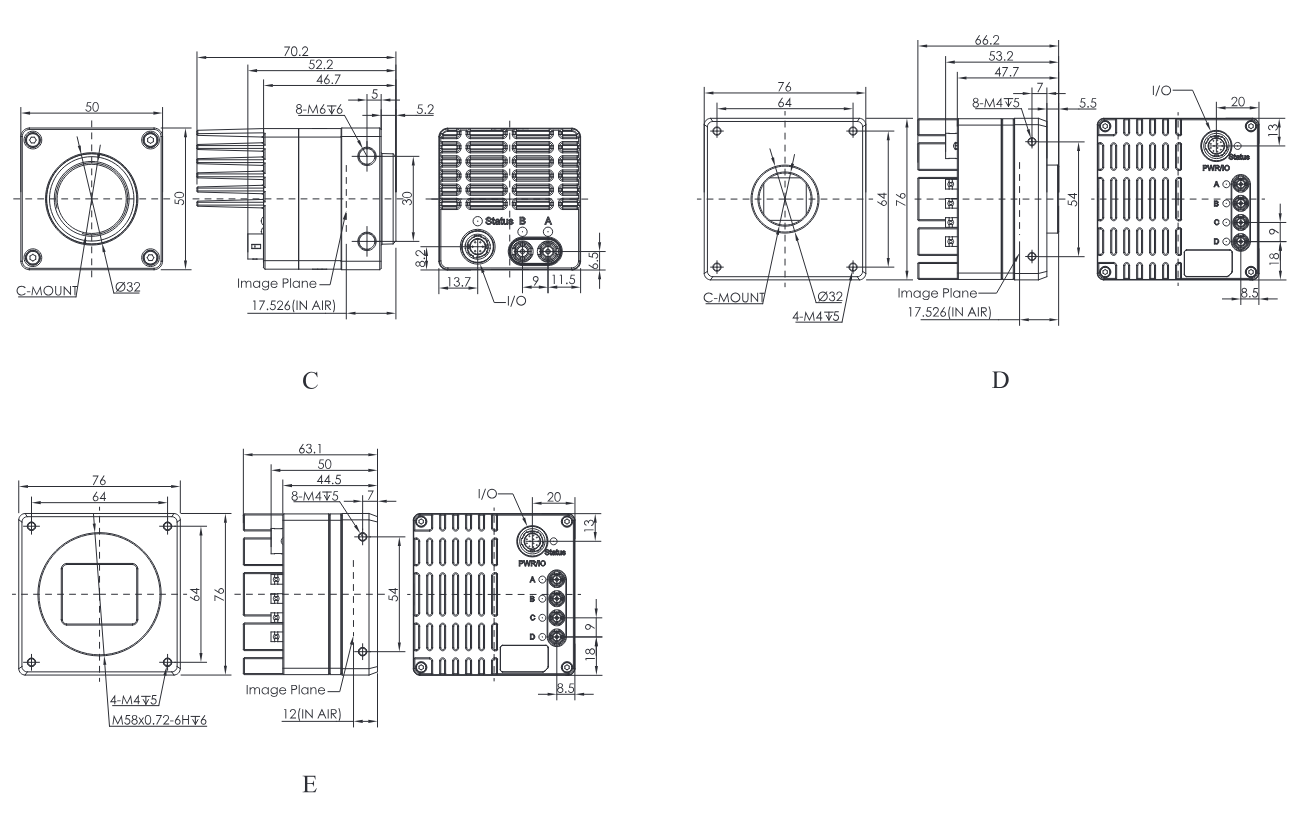 Maßzeichnungen CH1-Serie CXP-12 (Katalog, Gehäuse C, D, E)