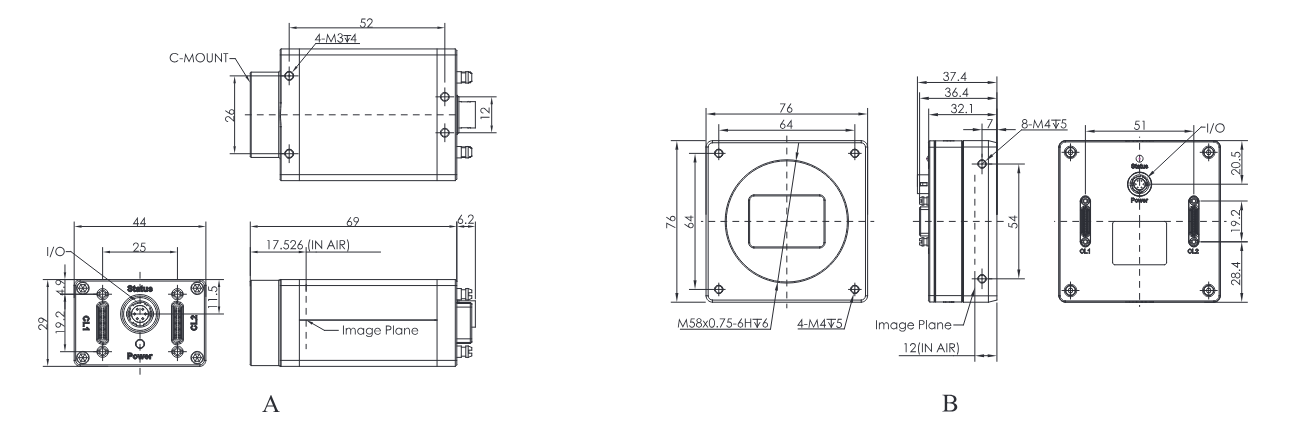 Maßzeichnungen CH1-Serie Camera Link (Katalog, Gehäuse A, B)