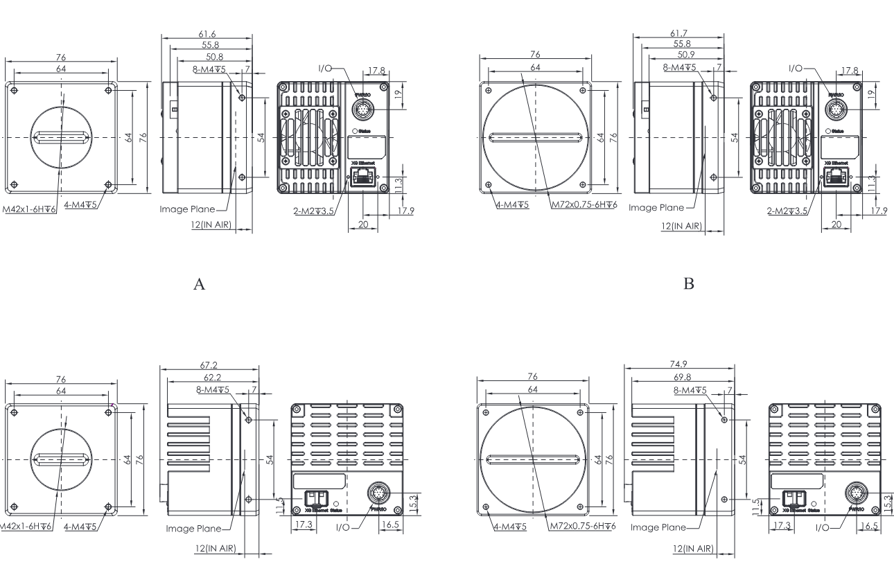 Maßzeichnungen CL1-Serie 10 GigE (Katalog, Gehäuse A–D)