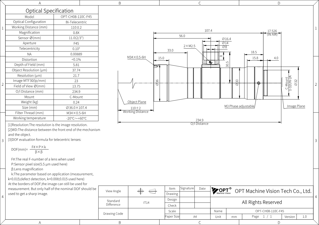 Maßzeichnung OPT-CH08-110C-F45