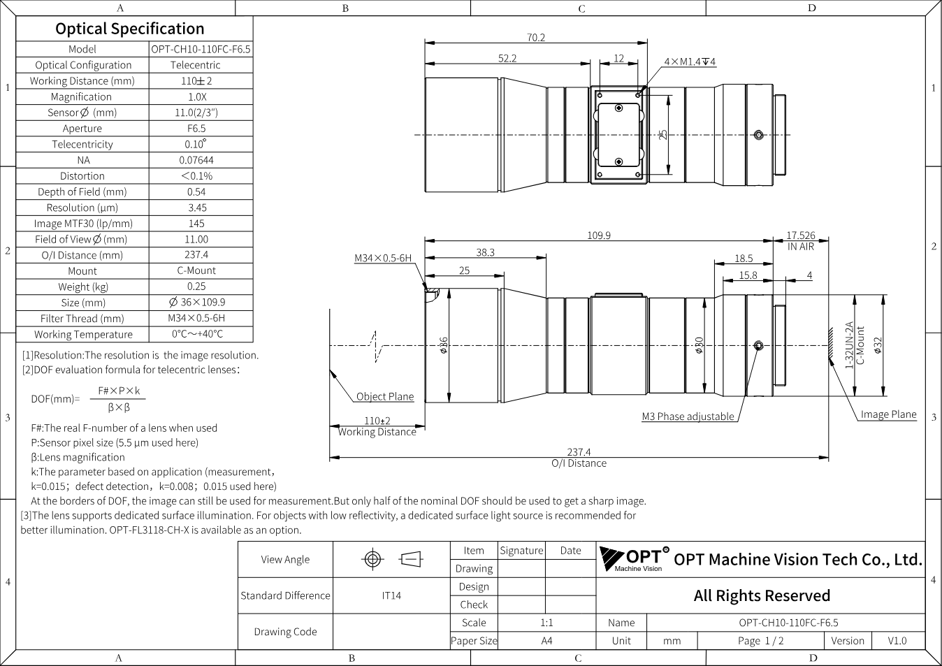 Maßzeichnung OPT-CH10-110FC-F6.5