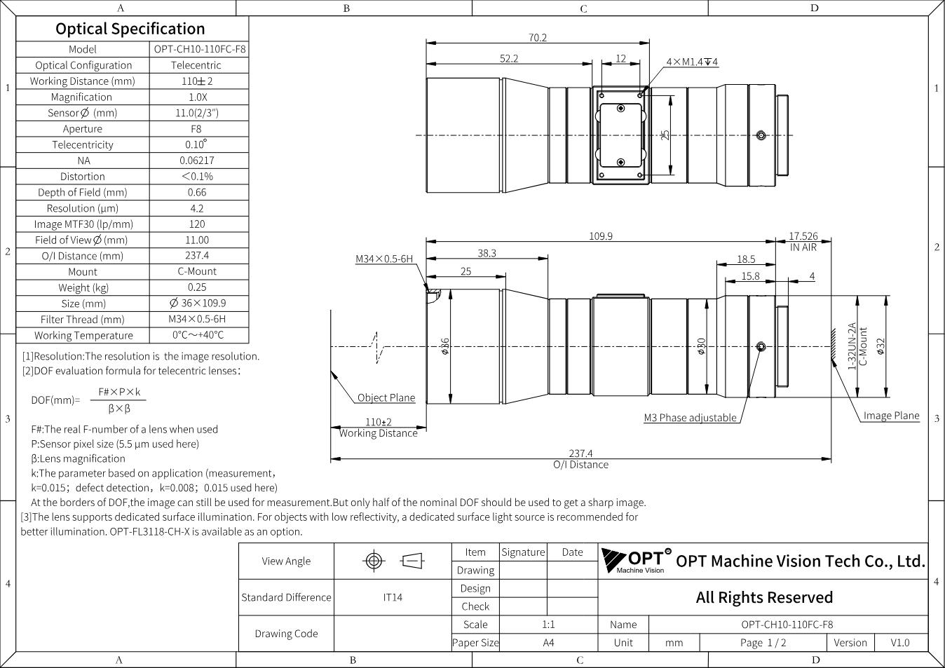 Maßzeichnung OPT-CH10-110FC-F8