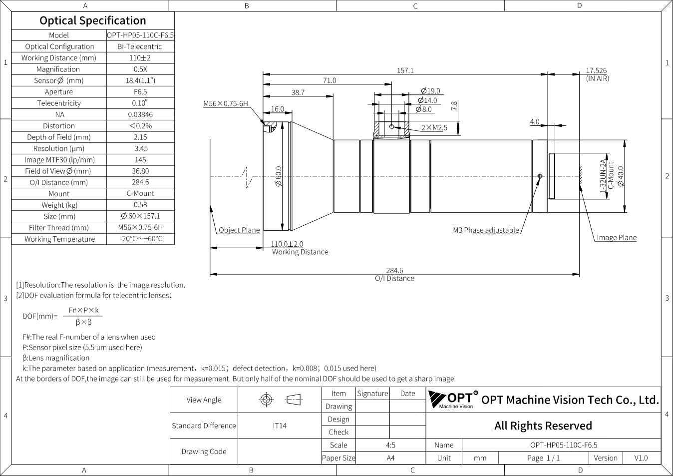Maßzeichnung OPT-HP05-110C-F6.5