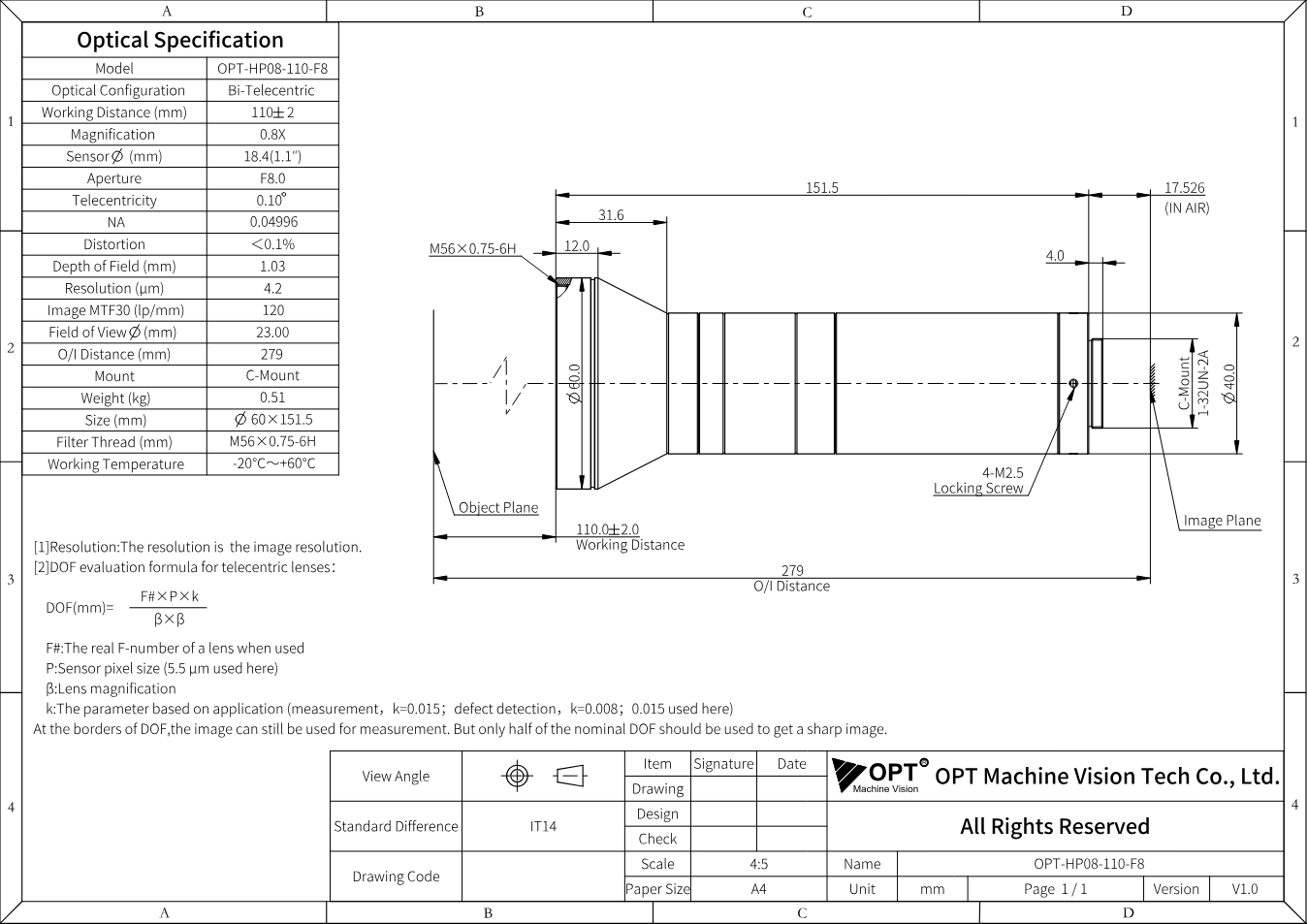 Maßzeichnung OPT-HP08-110-F8