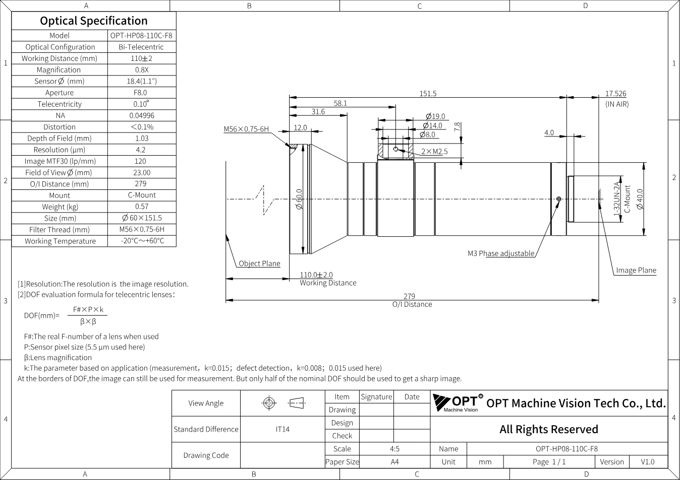 Maßzeichnung OPT-HP08-110C-F8
