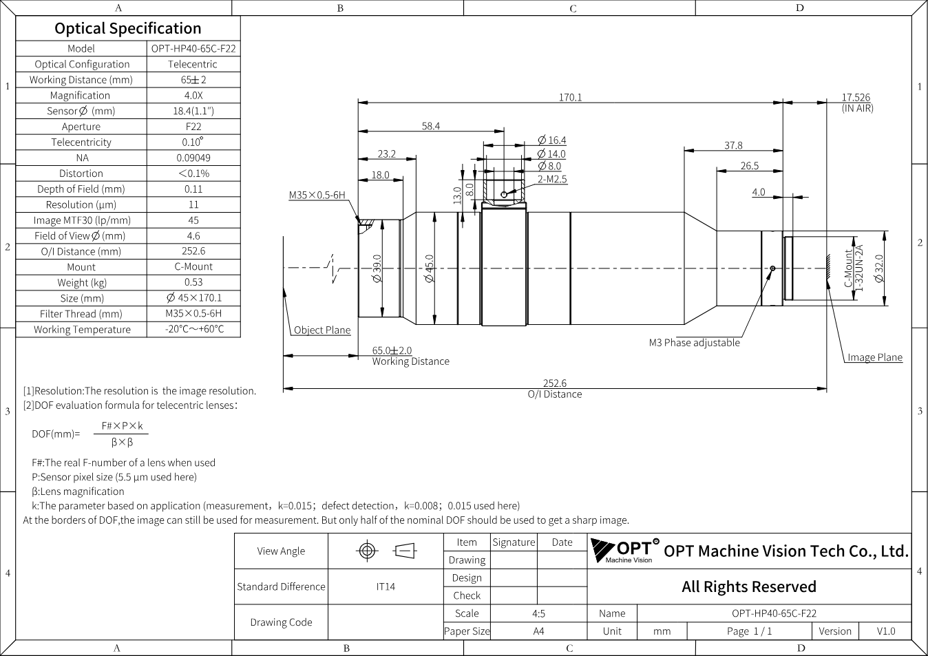 Maßzeichnung OPT-HP40-65C-F22