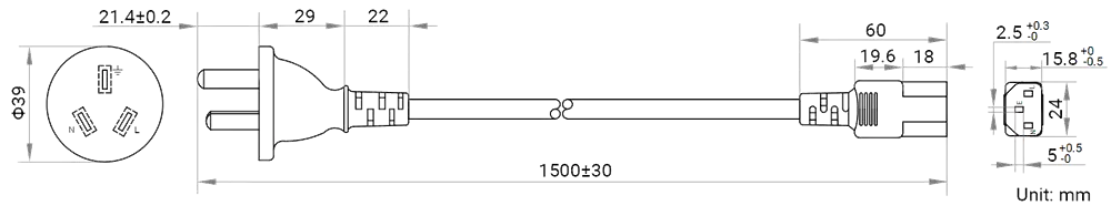 HikRobot AC power cables_ARG_S3p_C13_1.5m Abmessung