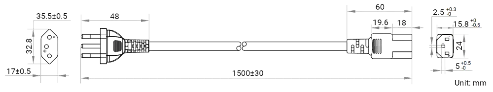 HikRobot AC power cables_BRA_S3p_C13_1.5m Abmessung