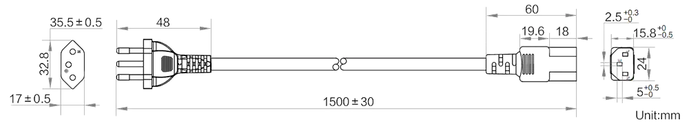 HikRobot AC power cables_BRA_S3p_C13_1.5m Abmessung