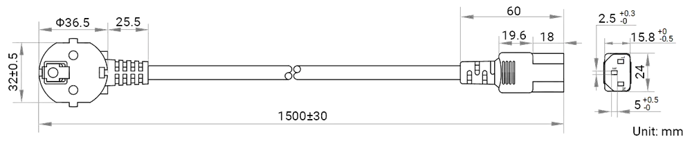 HikRobot AC power cables_EUR_E2p_C13_1.5 Abmessung