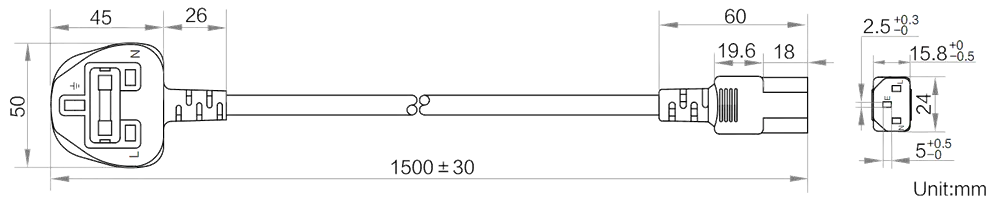 HikRobot AC power cables_GBP_E3p_C13_1.5m Abmessung