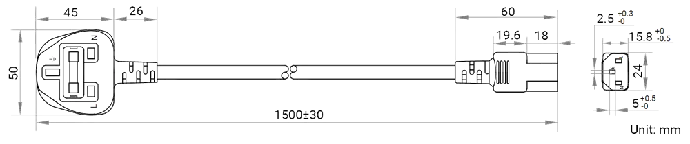 HikRobot AC power cables_GBP_E3p_C13_1.5m Abmessung