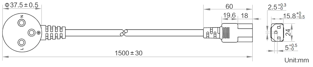 HikRobot AC power cables_ISR_E3p_C13_1.5m Abmessung