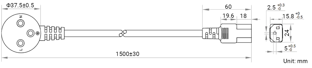 HikRobot AC power cables_ISR_E3p_C13_1.5m Abmessung