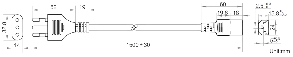 HikRobot AC power cables_ITA_S3p_C13_1.5m Abmessung