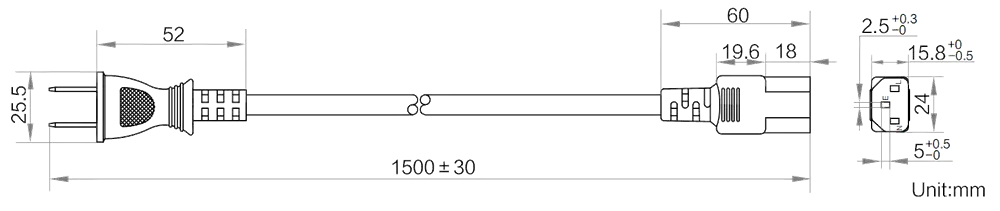 HikRobot AC power cables_JPN_S2p_C13_1.5m Abmessung