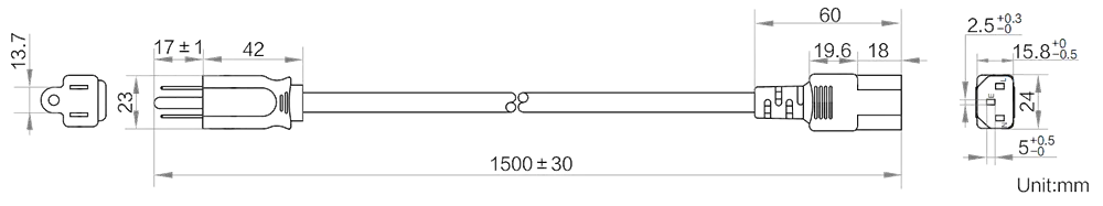HikRobot AC power cables_USA_S3p_C13_1.5m Abmessung