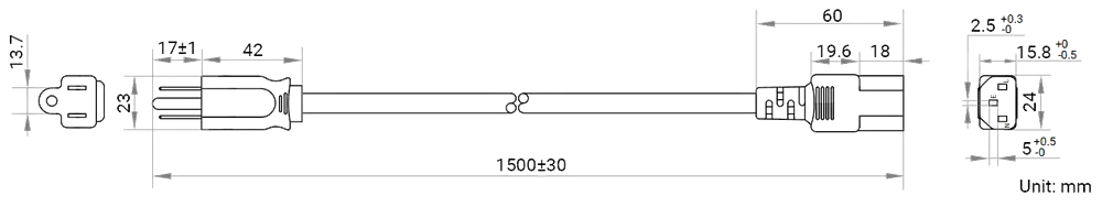 HikRobot AC power cables_USA_S3p_C13_1.5m Abmessung
