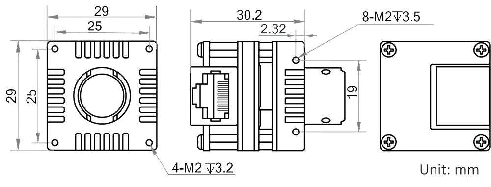 HikRobot Platinenkamera MV-CB004-10GM-S – Maßzeichnung
