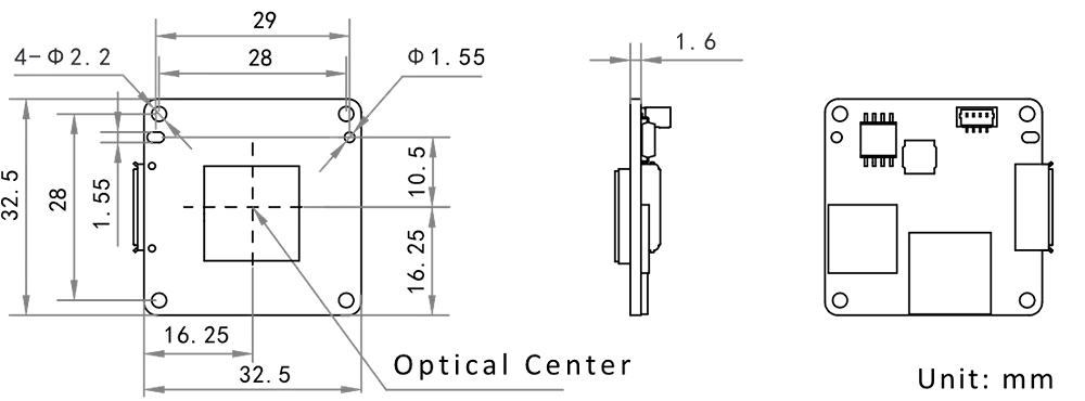 HikRobot Platinenkamera MV-CB013-A0UM-C – Maßzeichnung