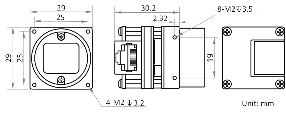 HikRobot Platinenkamera MV-CB016-10GM-S – Maßzeichnung