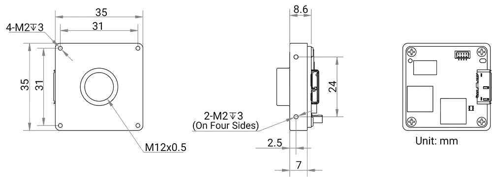 HikRobot Platinenkamera MV-CB016-10UC-S – Maßzeichnung