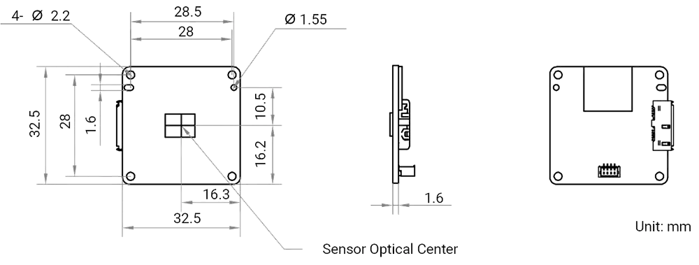 HikRobot Platinenkamera MV-CB020-60UC-B – Maßzeichnung