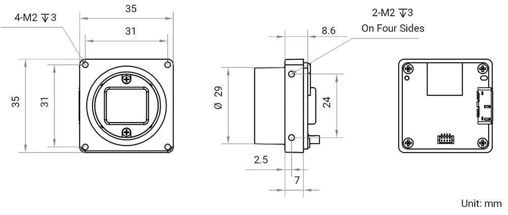 HikRobot Platinenkamera MV-CB020-60UM-C – Maßzeichnung