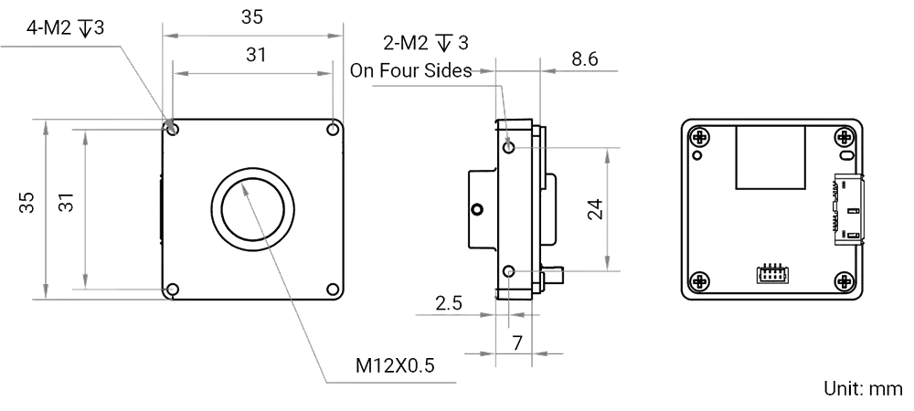 HikRobot Platinenkamera MV-CB020-60UM-S – Maßzeichnung