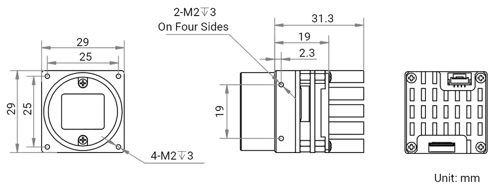 HikRobot Platinenkamera MV-CB020-61UM-C-F – Maßzeichnung