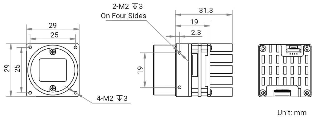 HikRobot Platinenkamera MV-CB050-60UM-C-F – Maßzeichnung