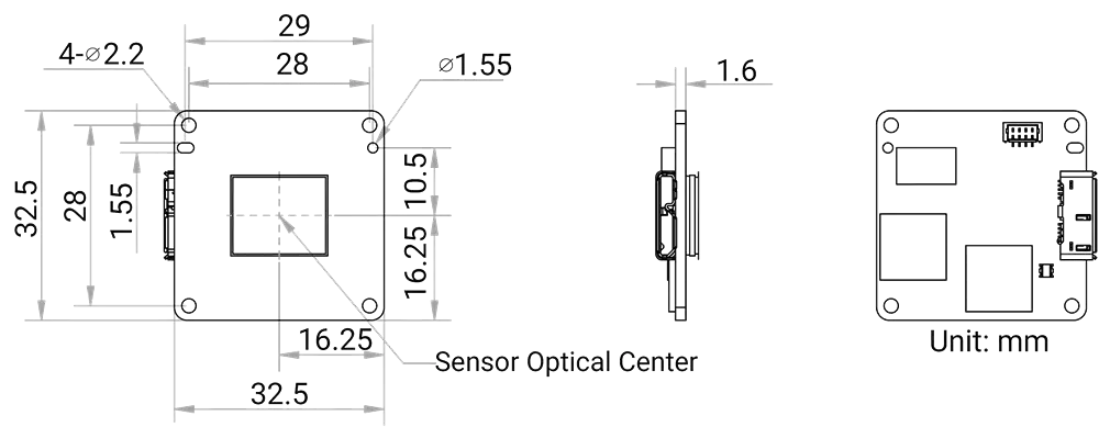 HikRobot Platinenkamera MV-CB060-10UC-B – Maßzeichnung