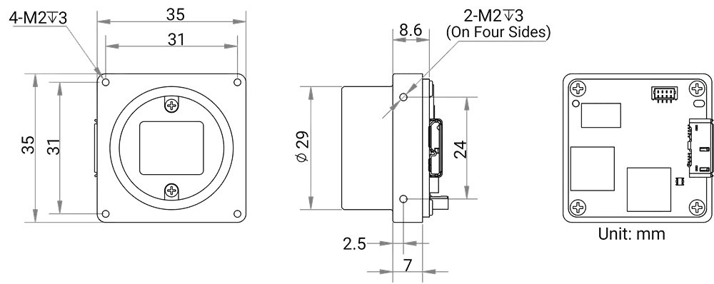 HikRobot Platinenkamera MV-CB060-10UC-C – Maßzeichnung