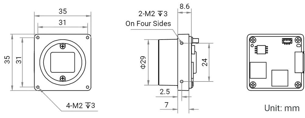 HikRobot Platinenkamera MV-CB120-10UC-C V4 – Maßzeichnung