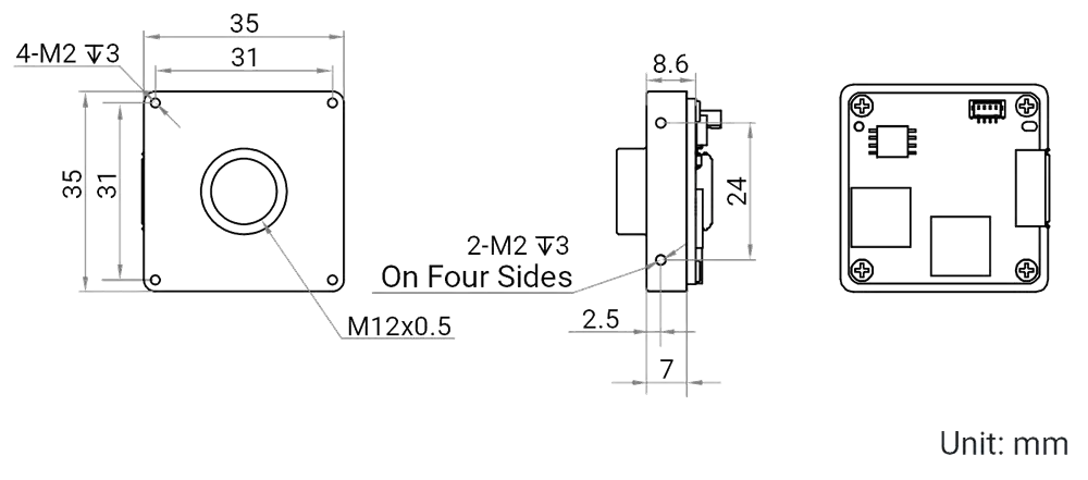 HikRobot Platinenkamera MV-CB120-10UM-S V4 – Maßzeichnung