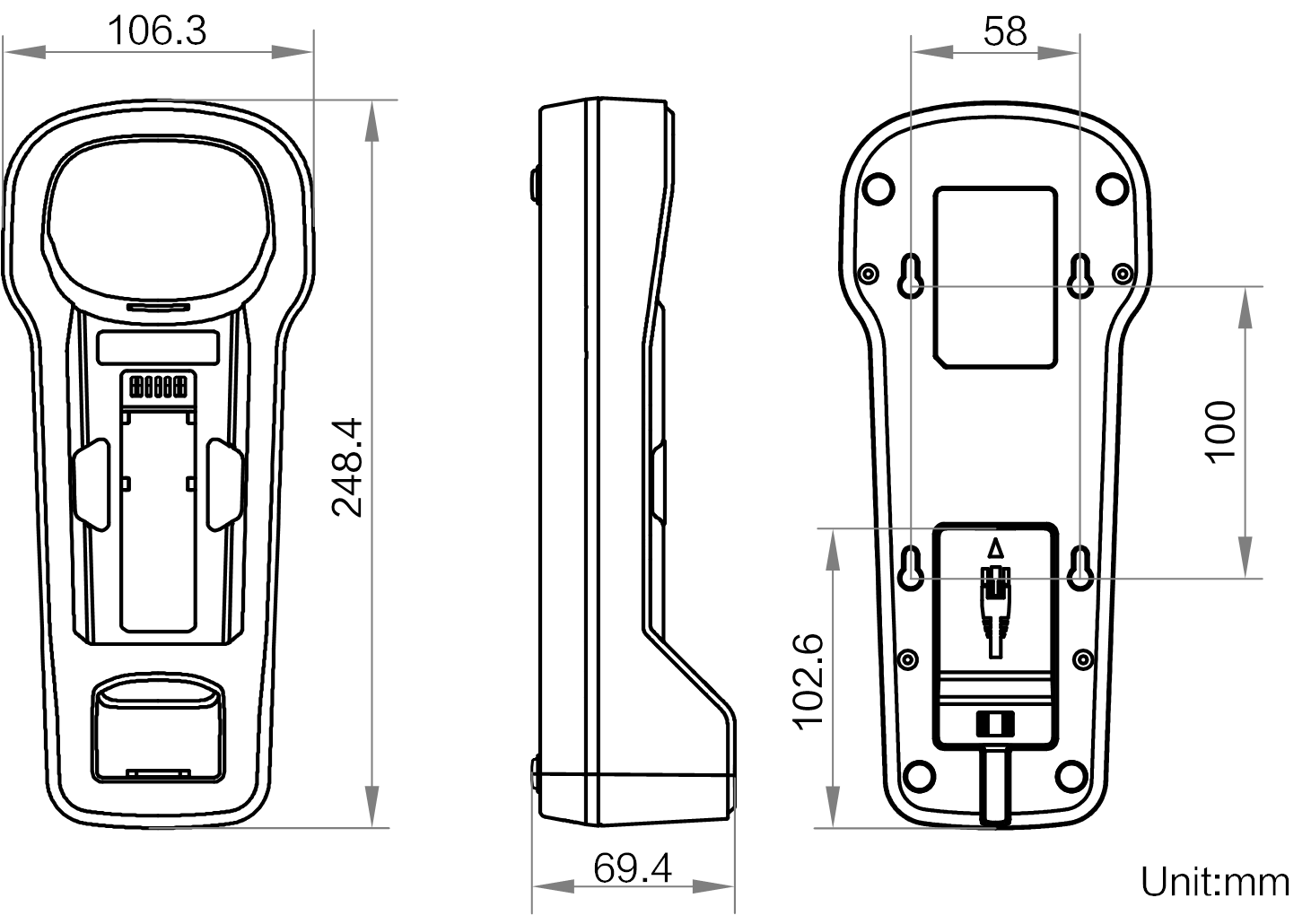 Hikrobot 7000B Handscanner – technische Abmessungen Rückansicht und Seitenprofil der Scanner-Einheit