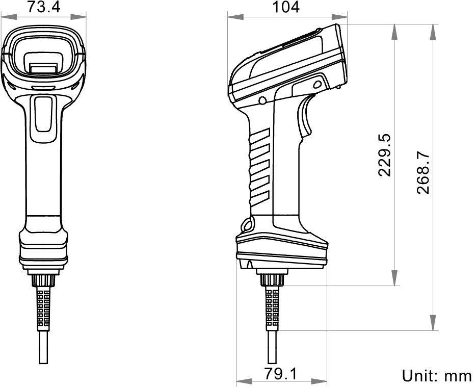 Hikrobot Handscanner 7000P - technische Abmessungen Rückansicht und Seitenprofil der Scanner-Einheit
